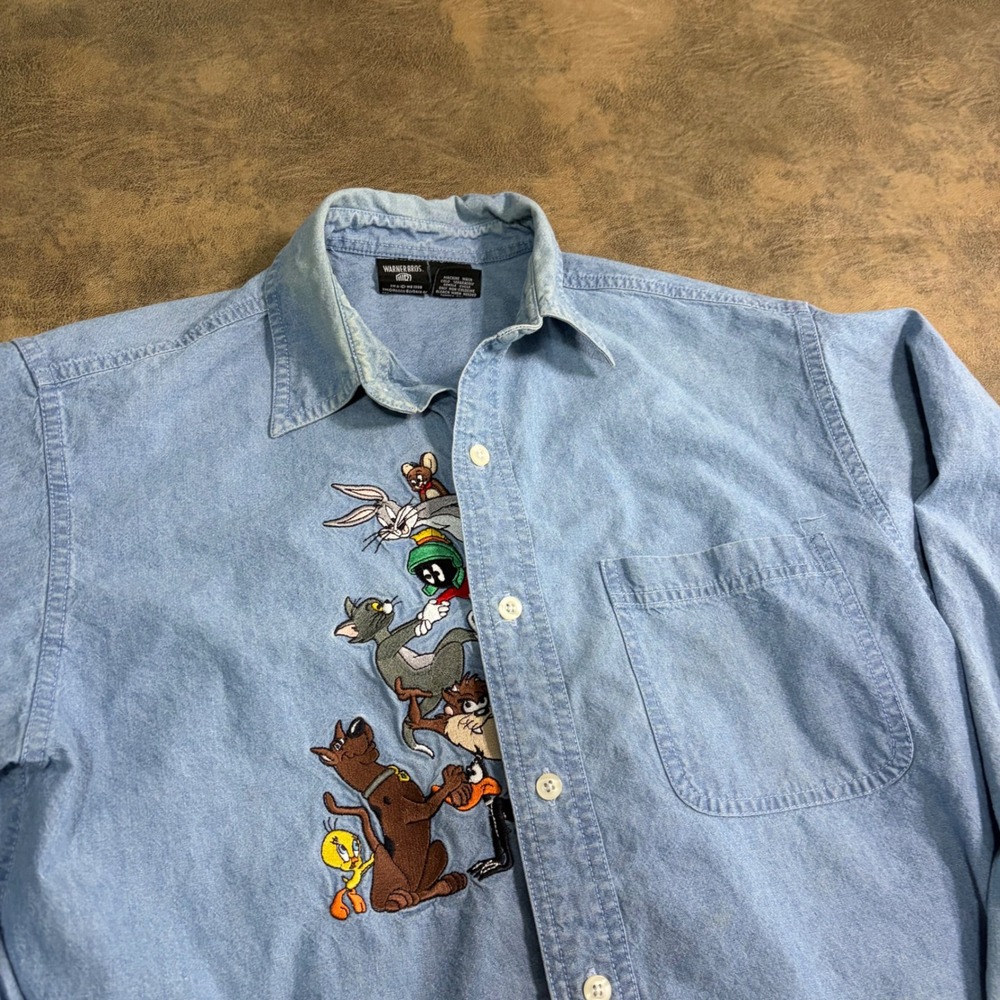 Warner Bros Denim Shirt Mens XS Blue 1998 Looney Tunes Scooby Doo Embroidered